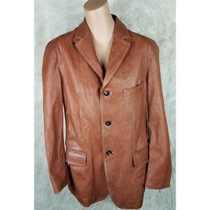Opipix Mens Size EU 48 Leather Jacket Light Brown 3 Button Winter Coat Pockets F